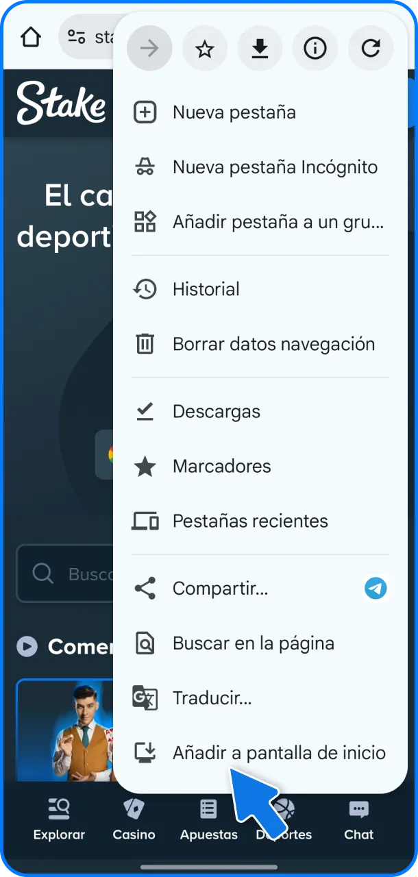 Despleg&aacute; el Men&uacute; Tres Puntos para configurar la App de Stake.