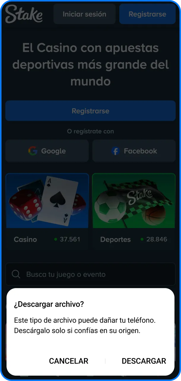 Inici&aacute; el proceso para descargar APK de la App de Stake ahora.