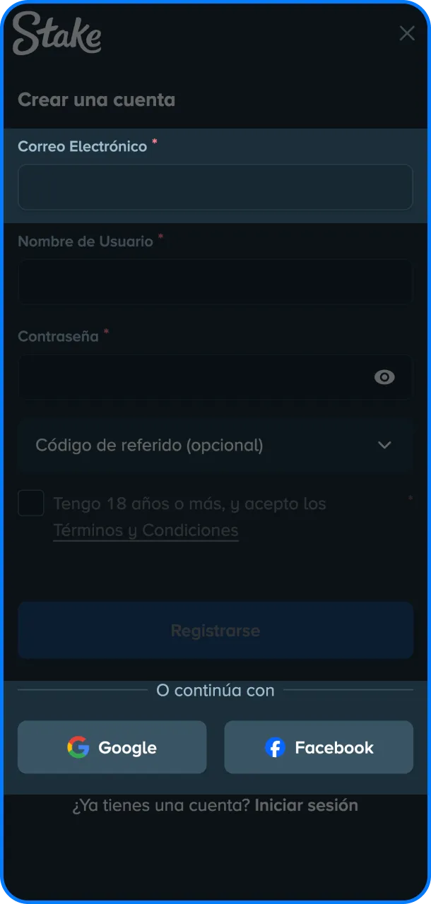Registrate usando tus datos o redes sociales en la plataforma Stake.