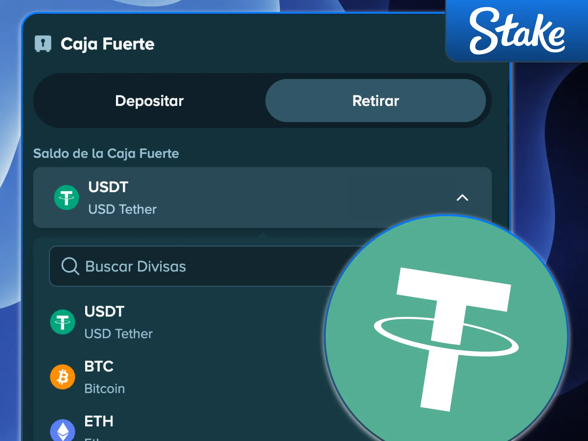 Realiza tu transferencia por red TRC20 para retirar fondos de Stake r&aacute;pidamente.