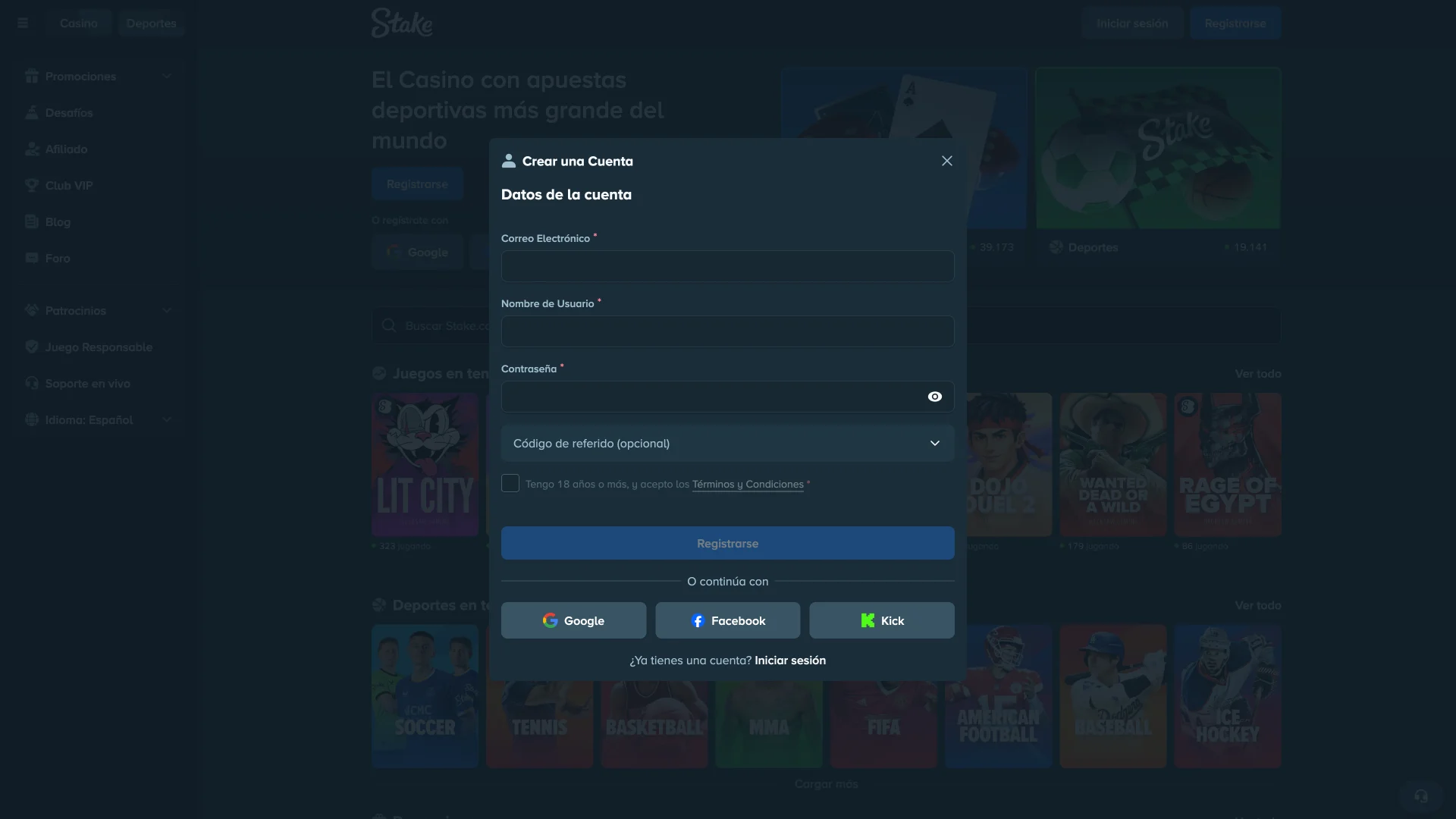 Entrá a la sección de registro y Unite a Stake.