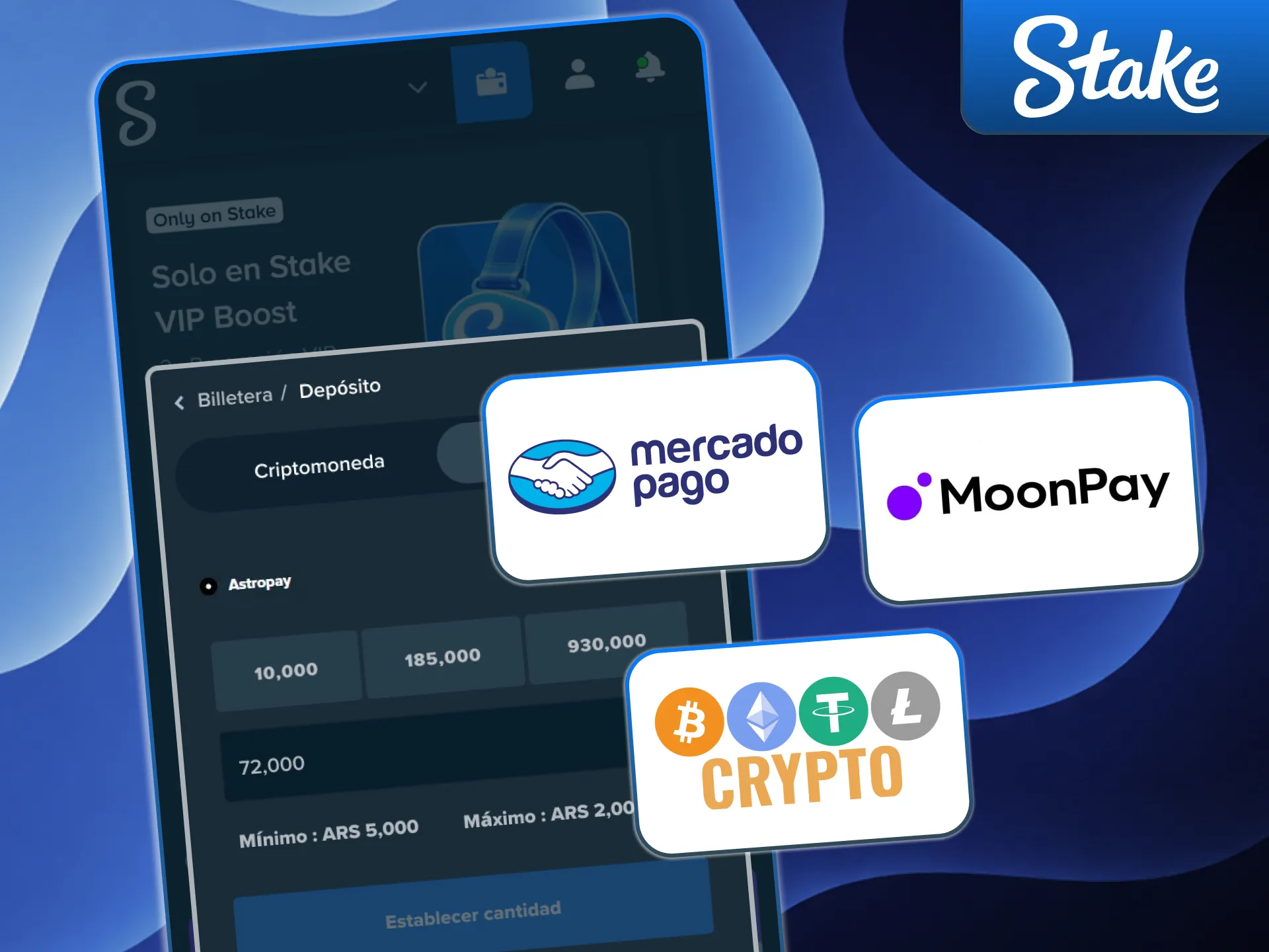 Depositá con Mercado Pago o cripto y jugá en Stake.