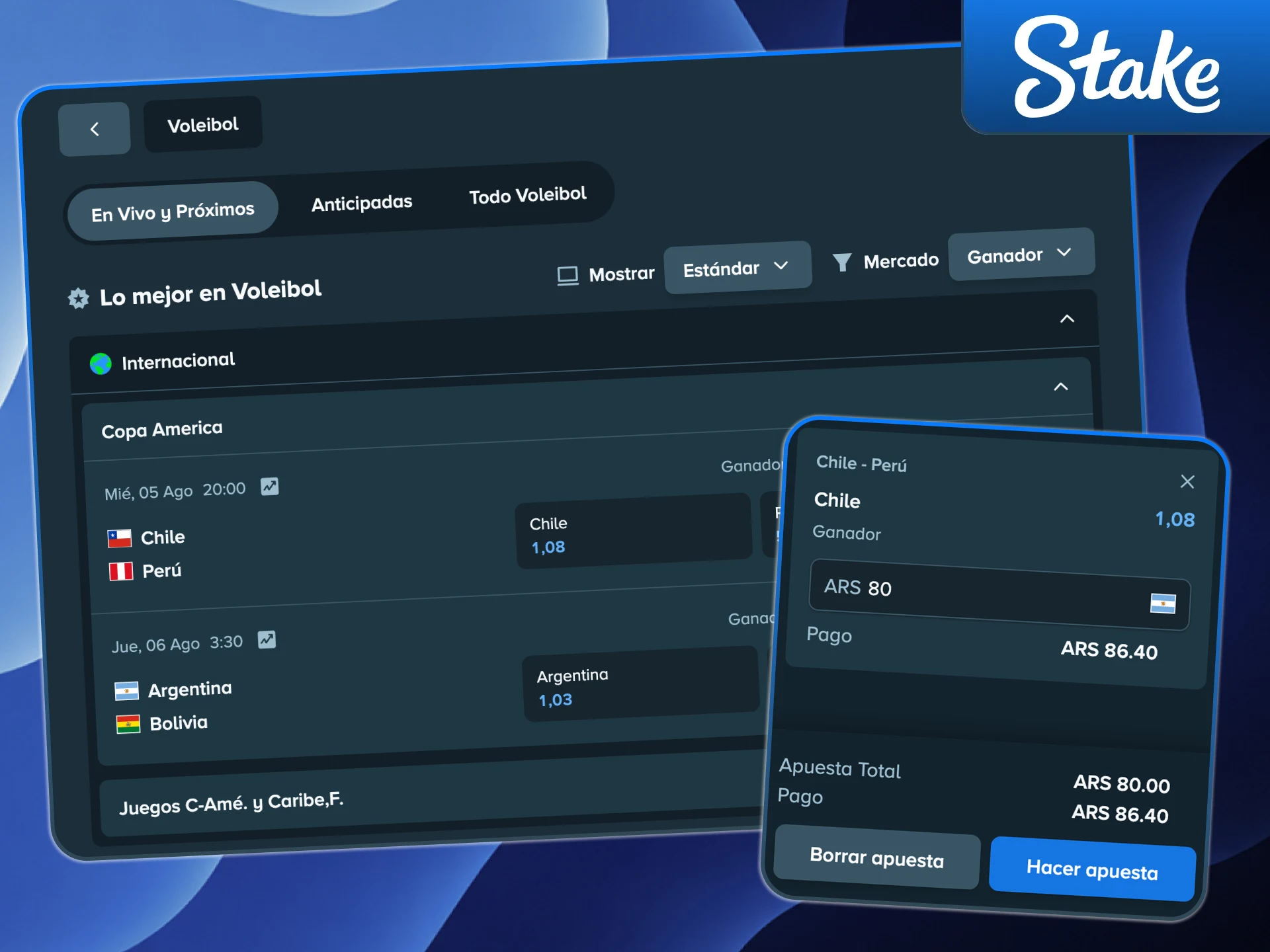 Alt-текст (Испанский, Аргентина)Перевод на русскийApostá al vóley en vivo y ganá en Stake.Делай ставки на волейбол в реальном времени и выигрывай в Stake.Explorá los torneos de vóley y jugá en Stake.